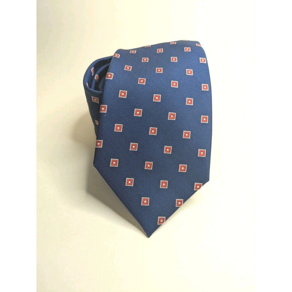 Cape Cod Neckwear Men’s Blue Silk Tie Red White Geometric Square Pattern Necktie